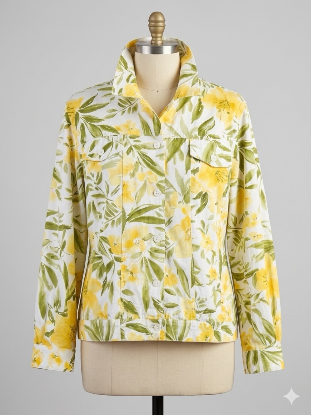 Alfred Dunner Women’s Plus 20 Yellow Green Floral Collared Long Sleeve Jacket